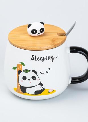 Чашка 450 мл с бамбуковой крышкой и ложкой керамическая панда "sleeping"