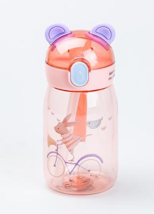 Детская бутылка для воды с трубочкой 500 мл с крышкой флип топ "медвежонок" розовая