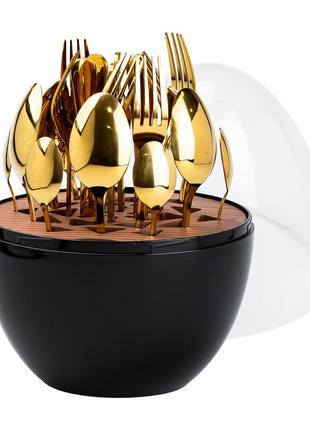 Набор столовых приборов на 6 персон из нержавеющей стали 24 штуки золотых с подставкой "яйцо" черный