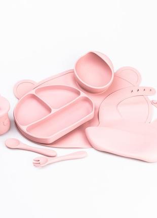 Дитячий набір силіконового посуду для годування дитини 7 предметів рожевий