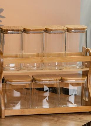 Баночки для сыпучих продуктов набор 7 шт с деревянной подставкой • стеклянные емкости для хранения 0.7 л и 1 л