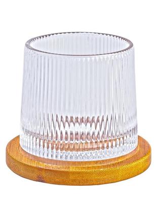 Стакан стеклянный прозрачный для виски с деревянной подставкой