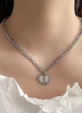 Ожерельяе колье чокер цепочка серебристый с подвеской сердце