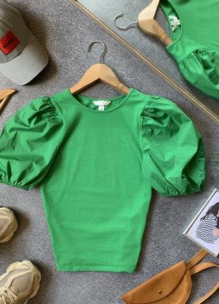 Гарна кофтинка від h&m трав’яна зелена яскрава футболка натуральна бавовняна поплінова з об’ємними рукавами фонариками ліхтариками нарядна розмір xs s