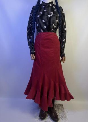 Вінтажна довга вельветова асиметрична спідниця юбка максі з рюшою бохо стиль