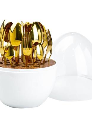 Набор столовых приборов золотых на 6 персон из нержавеющей стали 24 штуки с подставкой "яйцо" белый