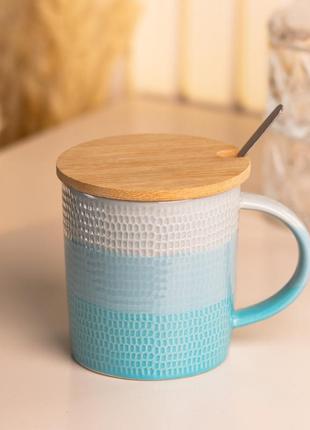 Чашка з бамбуковою кришкою та ложкою керамічна 350 мл блакитна