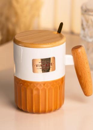 Чашка керамическая с бамбуковой крышкой и ручкой 400 мл коричневая