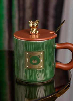 Чашка с крышкой и ложкой 300 мл керамическая "медвежонок" зеленая