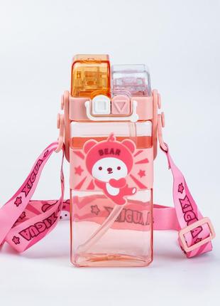 Детская бутылка для воды с трубочкой 500 мл многоразовая с ремешком розовая