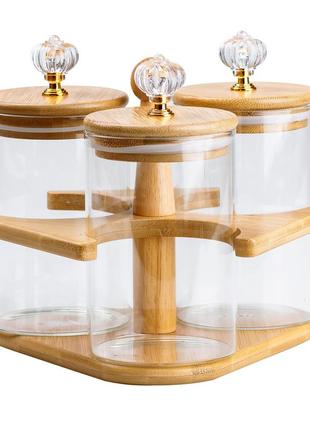 Банки для сипучих продуктів набір із 3 шт скляні на дерев'яній підставці