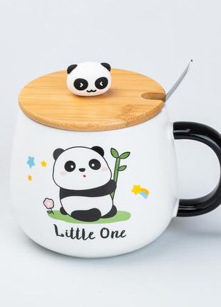 Чашка 450 мл з бамбуковою кришкою та ложкою керамічна панда "little one"