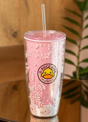 Многоразовый стакан с трубочкой и крышкой 750 мл пластиковый розовый