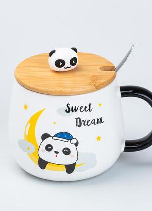 Чашка 450 мл с бамбуковой крышкой и ложкой керамическая панда "sweet dream"