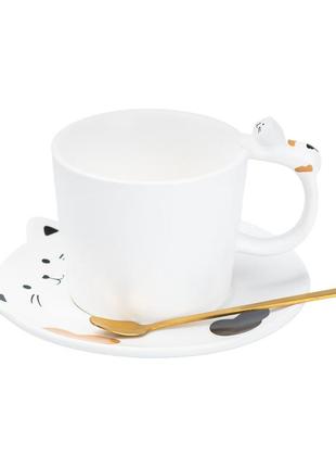 Чашка с блюдцем и ложкой керамическая 250 мл "котик" белая