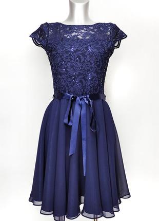 Вечернее выпускное платье swing на выпускной синее паетками пайетки паетки пайетками рюшем гипюра стразами короткое колен  коктельное миди атласное