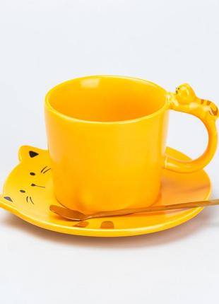 Чашка с блюдцем и ложкой керамическая 250 мл "котик" желтая