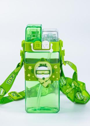 Детская бутылка для воды с трубочкой 500 мл многоразовая с ремешком зеленая