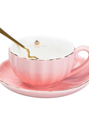 Чашка керамическая с блюдцем и ложкой 200 мл розовая