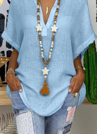 Блуза женская короткий рукав ворот стойка удлиненная лен жатка батал plus size