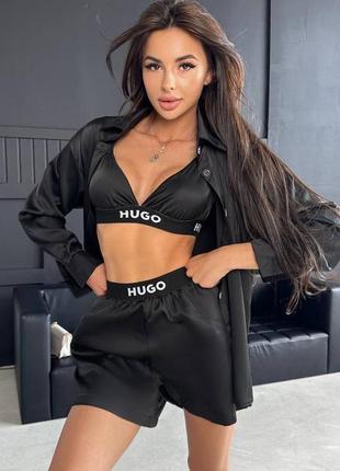 Шелковый костюм тройка 💕 женский костюм топ рубашка и шорты 💕 зумрудный костюм с шортами...