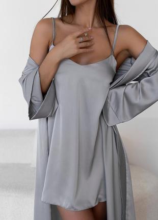 Женский шелковый комплект рубашка +длинный халат, шелковая комбинация, шелковая ночная рубашка, шелковый халат