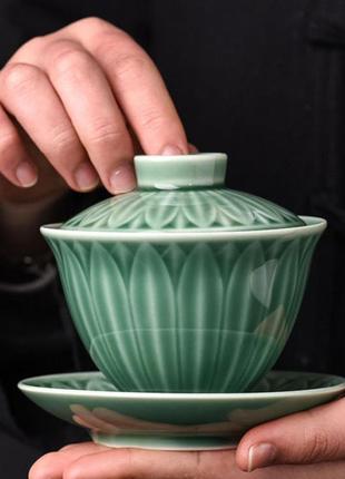 Гайвань зелений лотос місткість 200 мл. посуд для чайної церемонії використовується в китайській чайній традиції