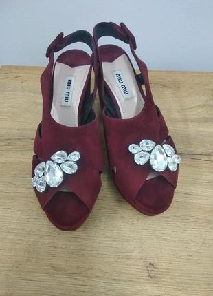 prada Flares miu miu святкові вечірні на випускний шкіряні босоніжки туфлі на каблуках на платформі з кришталевим камінням шкіра замша італія 35.5 36 36.5