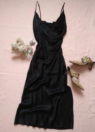 Платье сочетание в болейном стиле р 36 38 s m 44 46 сатиновое шелковое атласное темное длинное zara