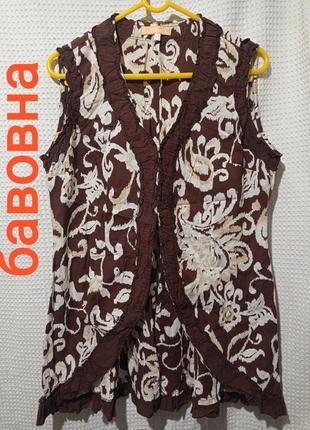 Ро4. хлопковая коричневая женская туника блуза рубашка накидка без рукавов майка хлопок