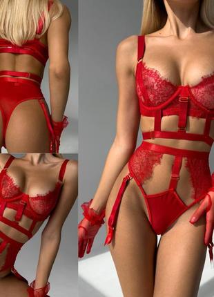 Женский кружевной комплект белья с поясом сексуальное эротическое французское кружево красный