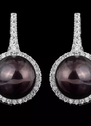 Сережки срібні 925 натуральні таітянські чорні перли, цирконій.