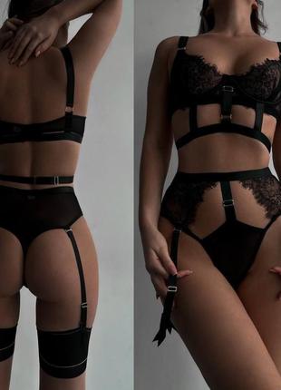Жіночий мереживний комплект білизни з поясом сексуальне еротичне французьке мереживо чорний