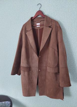 Замшевый пиджак длинный жакет цвета кэмэл h&amp;m большой размер батал
