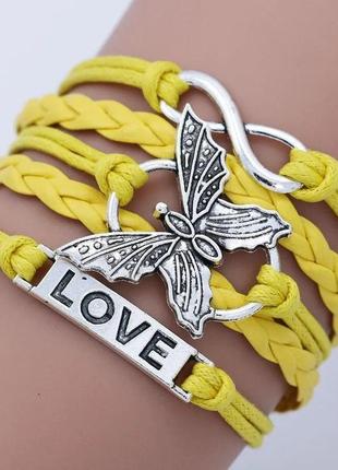 Винтажный многослойный кожаный браслет с надписью любви и бабочкой для женщин ручной работы желтый