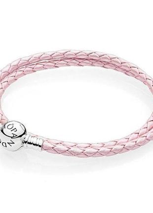 Розовый кожаный двойной плетённый браслет для шармов пандора 590745cmp-d