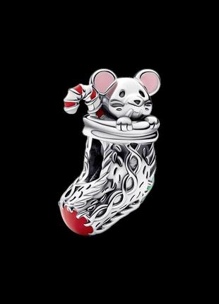 Серебряный шарм (подвеска) для браслета пандора  "праздничная мышка в носке" 792366c01
