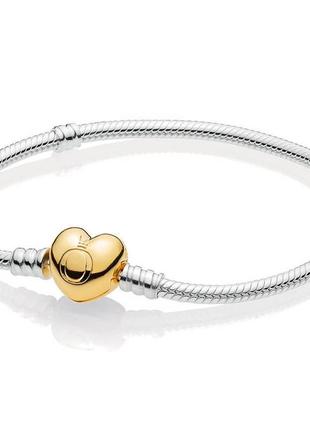 Серебряный браслет для шармов пандора  основа  "золотое сердце" 590727cz