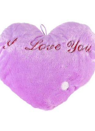Подушка нічник сердце з підсвіткою 36x30 см фіолетове1 фото