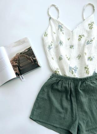 Піжама муслін з квітами майка + шорти літо натуральна для підлітка халат сорочка штани муслінова
