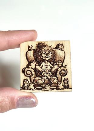 Магнит деревянный crazy cat lady handmade кошатница ☕ 4x4см