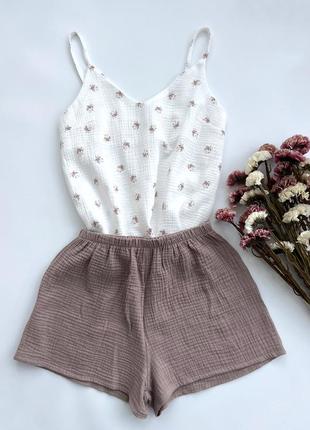 Піжама муслінова майка + шорти в квіти прованс беж муслин пижама для підлітка на літо натуральна