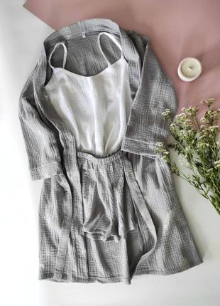 Муслінова піжама майка + шорти сірий білий на літо муслин пижама халат сорочка штани