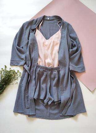 Муслиновая пижама майка и шорты розовый серый натуральная легкая на лето муслин пижама