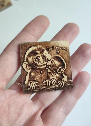 Авторський магніт із дерева мама мавпа малюк good morning handmade 🫶 4x4см