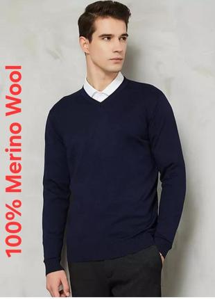 Шикарный пуловер синего цвета из 100% мериносовой шерсти dressmann made in bangladesh
