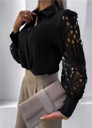 Блузка женская с кружевными рукавами surwehyue черная