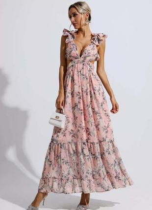 Шифоновое цветочное коктейльное длинное платье с рюшами на плечах и шнуровкой