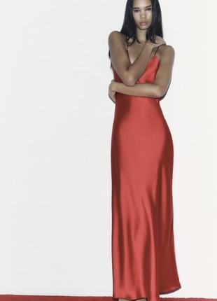 Атласное красное платье на бретельках в бельевом стиле из новой коллекции zara размер s