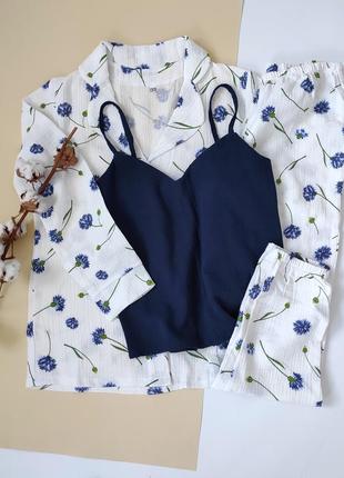 Пижама муслиновая натуральная и легкая майка и шорты василька синий голубой халат рубашка штаны ночнушка